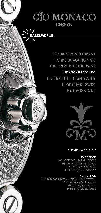 Invitation to the Gio Monaco Exhibit, March 8-15, 2012 at Baselworld 2012, Hall 1.1, Booth A-15